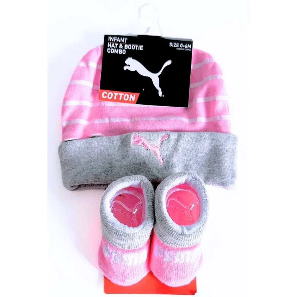 PUMA Baby Girl Pink Striped Hat & Booties Size 0-6 Months NWT - Picture 1 of 2